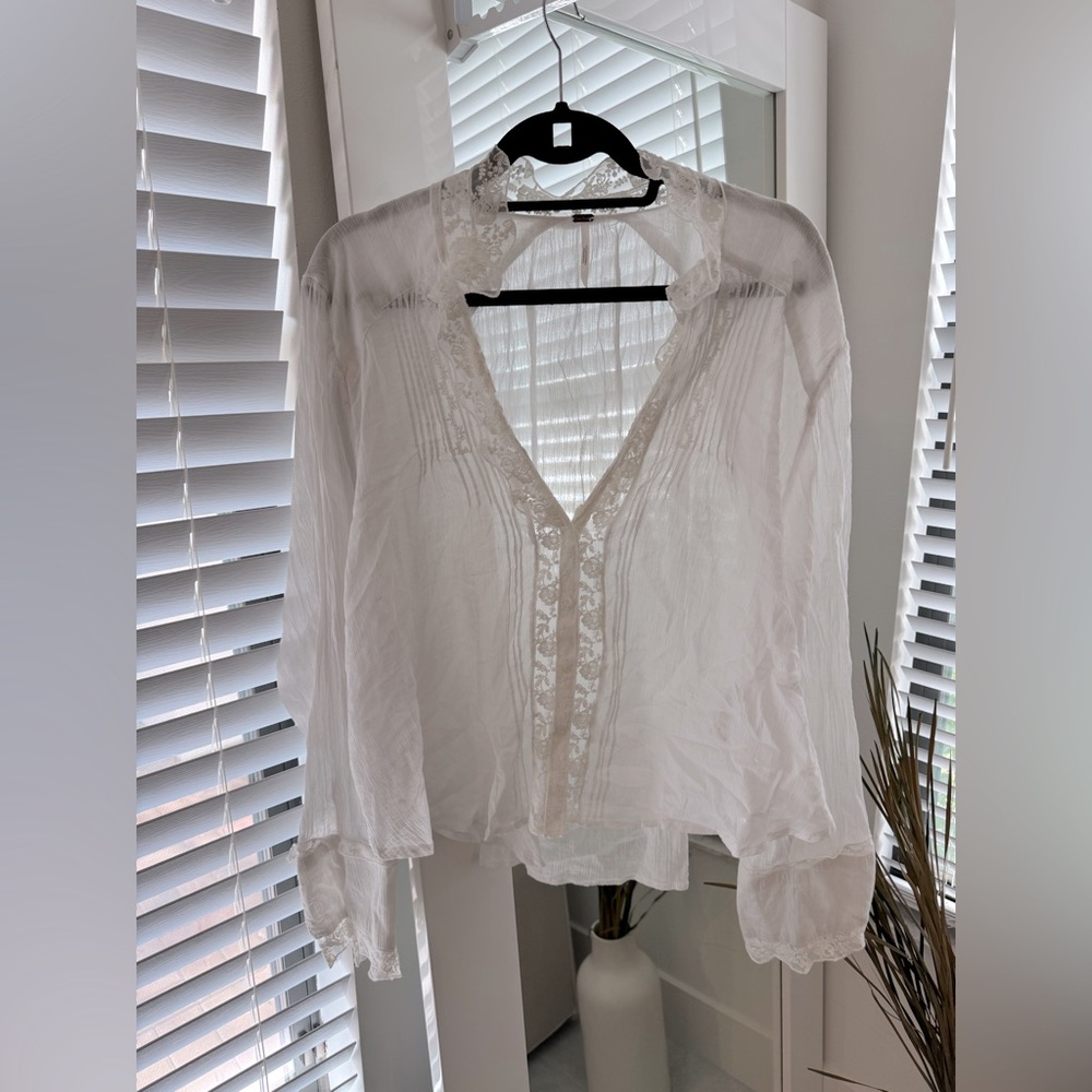 Free People White Sheer Lace-Trim Blouse - Picture 6 of 8
